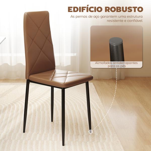 Conjunto de 4 Cadeiras de Jantar Estofadas em Couro Sintético com Encosto Alto e Pernas de Aço 41x50x97 cm Castanho