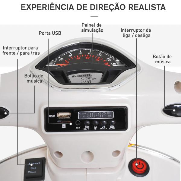 Mota Elétrica para Crianças com Licença Vespa com Música Velocidade 2 - 3 km/h e Buzina 102x50,5x75,5 cm Branco