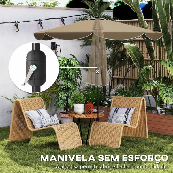 Chapéu de Sol para Jardim Ø2,7 m com Inclinação Ajustável em 3 Posições Manivela e Volante Cáqui