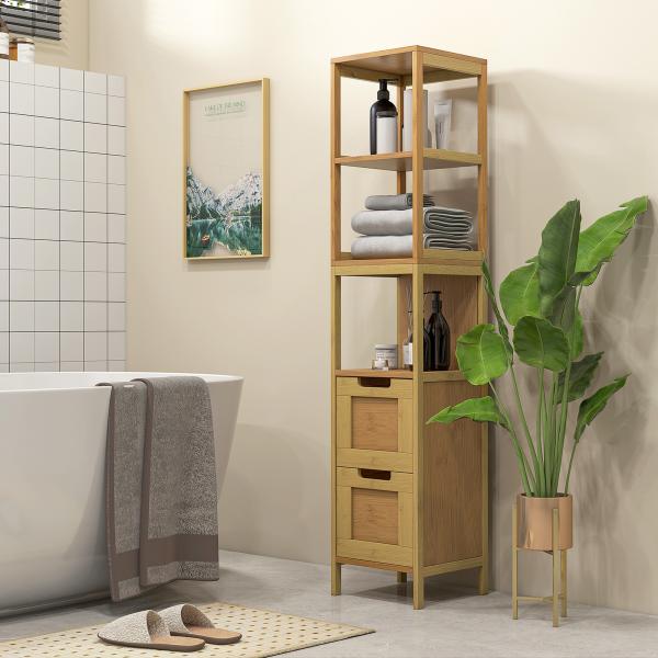 Coluna Casa de Banho com 3 Prateleiras e 2 Gavetas Armário Alto para Casa de banho Estilo Moderno 30x30x144,3 cm Madeira