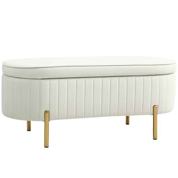 Banco para Pé de Cama em Veludo com Arrumação e Pés Dourados, 108x44x43,5 cm, Creme