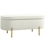 Banco para Pé de Cama em Veludo com Arrumação e Pés Dourados, 108x44x43,5 cm, Creme