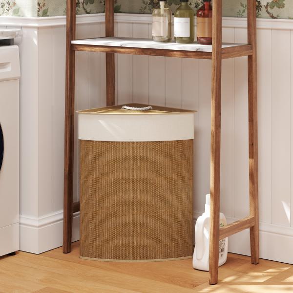 Cesto para Roupa Suja de Bambu de 55L com Tampa e Asa Saco Extraível e Lavável para Casa de Banho Quarto, 35x35x60 cm Castanho