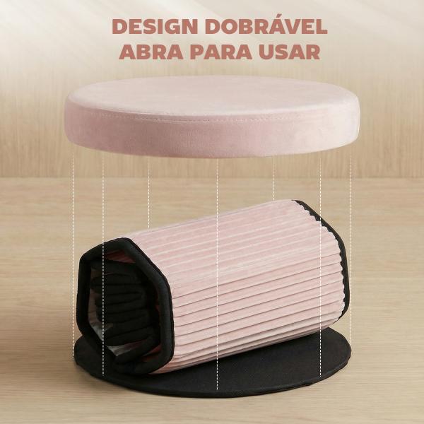 Puff de Arrumação Banco de Arrumação Dobrável 35 L 38x38x38 cm Estofado em Veludo Baú de Arrumação Redondo Rosa