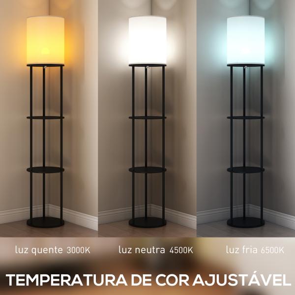Candeeiro de Pé com Prateleiras 3 Temperaturas de Cor Controlo Remoto e Casquilho E27 Ø29x158 cm Preto