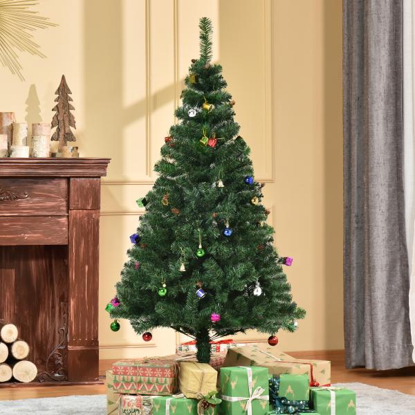 Árvore de Natal Artificial 150cm Ignífugo com 420 Ramos 48 Decorações Folhas de PVC e Suporte Metálico Verde