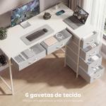 Secretária de Canto Reversível com 6 Gavetas 126x48 cm com Tomada de Energia Porta USB e USB - C Branco