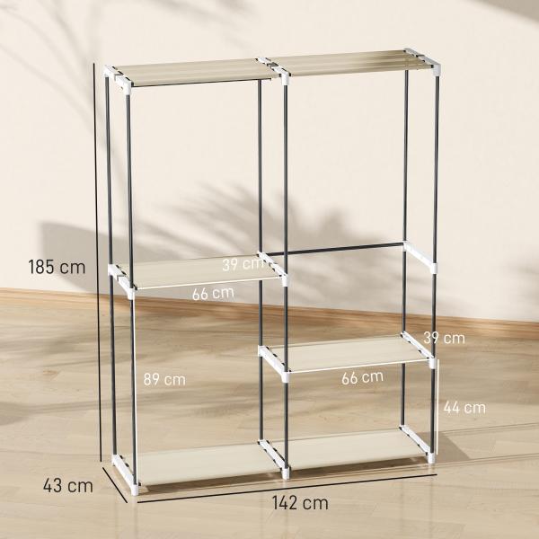 Armário de Roupa Aberto 142x43x185 cm Armário para Roupas com 4 Prateleiras de Tecido 3 Barras para Pendurar Creme