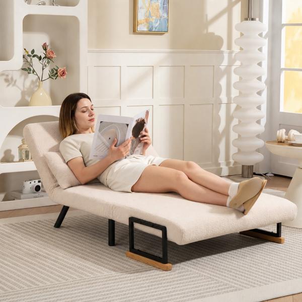 Sofá Cama Convertível 2 Lugares Dobrável com Encosto Ajustável em 5 Níveis e 2 Almofadas 102x73x81 cm Bege Creme