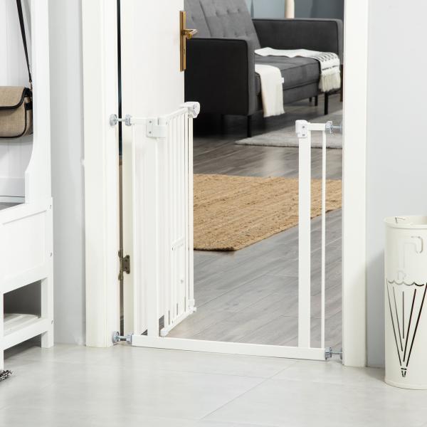 Barreira de Segurança para Cães Animais de Estimação 74 - 80cm para Escadas Portas e Corredor com Porta com Fechamento Automático e Sistema de Duplo Bloqueio Altura 76,2cm Branco