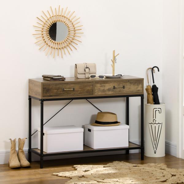 Mesa Consola Industrial Mesa de Sofá com 2 Gavetas e Prateleira para Entrada com Pés de Metal Castanho e Preto