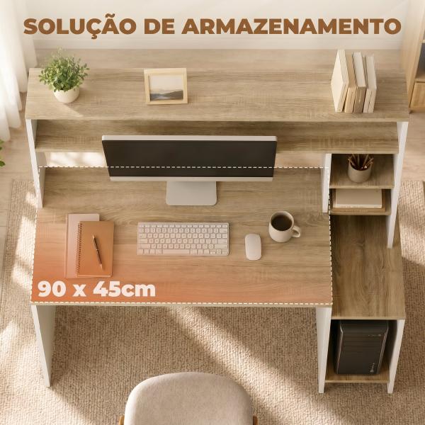 Secretária para Computador com Estantes e Suporte para CPU 114x45x138 cm Branco e Natural