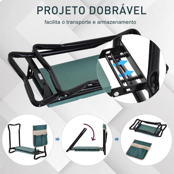 Banco de Jardim Dobrável com Bolsa para Ferramentas Almofada de Proteção para Joelhos Assento de Jardim com Joelheira Altura Ajustável 58x28x49cm Verde e Preto