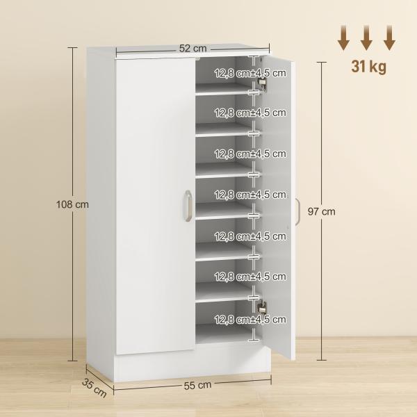 Sapateira de 2 Portas Sapateira para Entrada com 6 Prateleiras Ajustáveis para 14 Pares de Sapatos 55x35x108 cm Branco