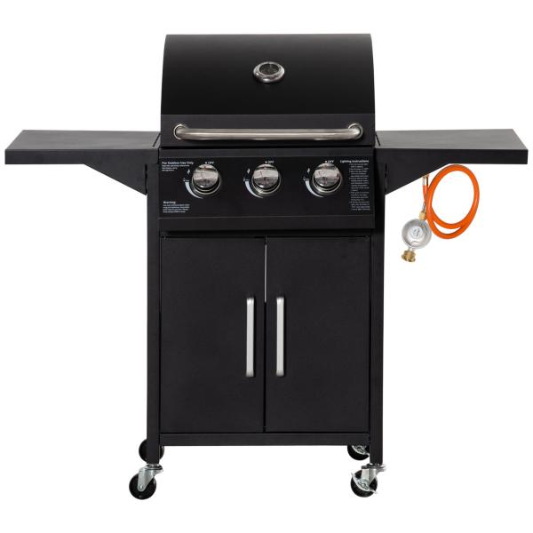 Barbecue a Gás com 3 Queimadores Termómetro 2 Prateleiras Laterais Armário 4 Rodas e Travão 121x55x109 cm Preto