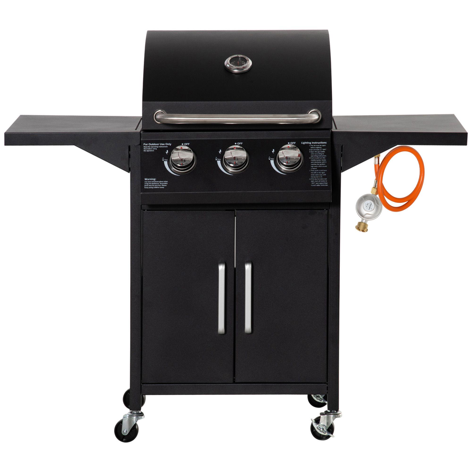 Barbecue a Gás com 3 Queimadores Termómetro 2 Prateleiras Laterais Armário 4 Rodas e Travão 121x55x109 cm Preto