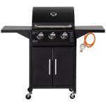 Barbecue a Gás com 3 Queimadores Termómetro 2 Prateleiras Laterais Armário 4 Rodas e Travão 121x55x109 cm Preto