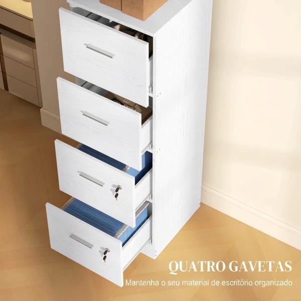 Gaveteiro de Escritório com 4 Gavetas Fechadura e Suportes Ajustáveis para Documentos A4 e Letter Branco 40x42x130,8 cm Branco