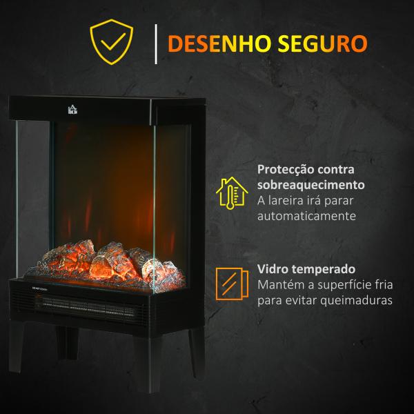 Lareira Elétrica 1000W/2000W com Chama LED Realista Termostato e Proteção Contra Superaquecimento 40,5x20x62cm Preto