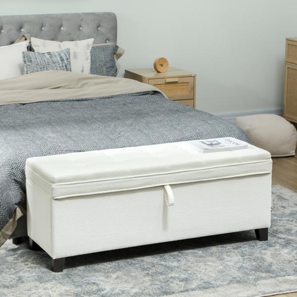 Banco de Armazenamento com 2 Dobradiças de Segurança Tampa Rebatível para Sala de Estar Quarto 120x40x48 cm Creme