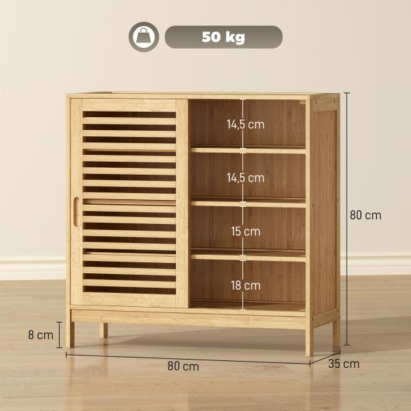Sapateira de Bambu com 2 Portas de Correr de Ripas Sapateira de Entrada com Prateleiras Ajustáveis para 16 Pares de Sapatos 80x35x80 cm Madeira