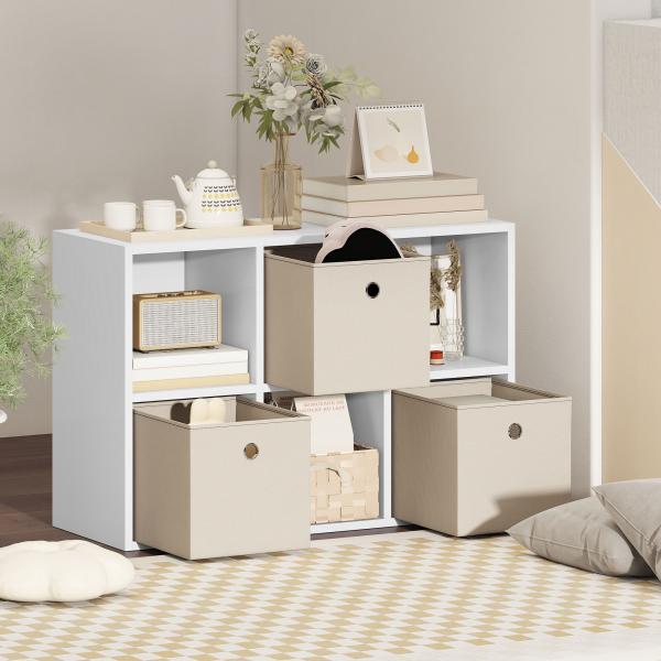 Estante Cubo Estante de Armazenamento Horizontal ou Vertical com 6 Compartimentos e 3 Gavetas de Tecido 53,7x30x79,8 cm Branco e Bege