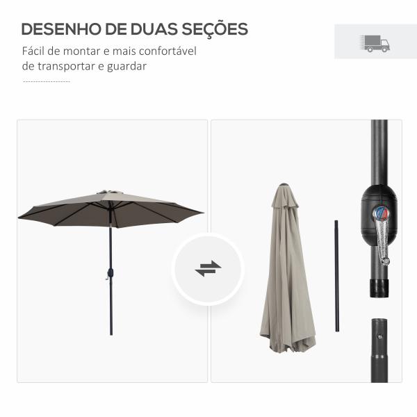 Chapéu de Sol de Jardim Ø295x250 cm com Manivela Chapéu de Sol Exterior com Mecanismo de Inclinação e Mastro Desmontável de Metal para Terraço Piscina Pátio Cinza