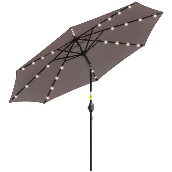 Chapéu de Sol para Terraço Exterior, Ø265 cm, Guarda - sol de Jardim com 32 Luzes LED Solares, Poste de Aço e Manivela Inclinável, para Pátio, Terraço, Cinzento