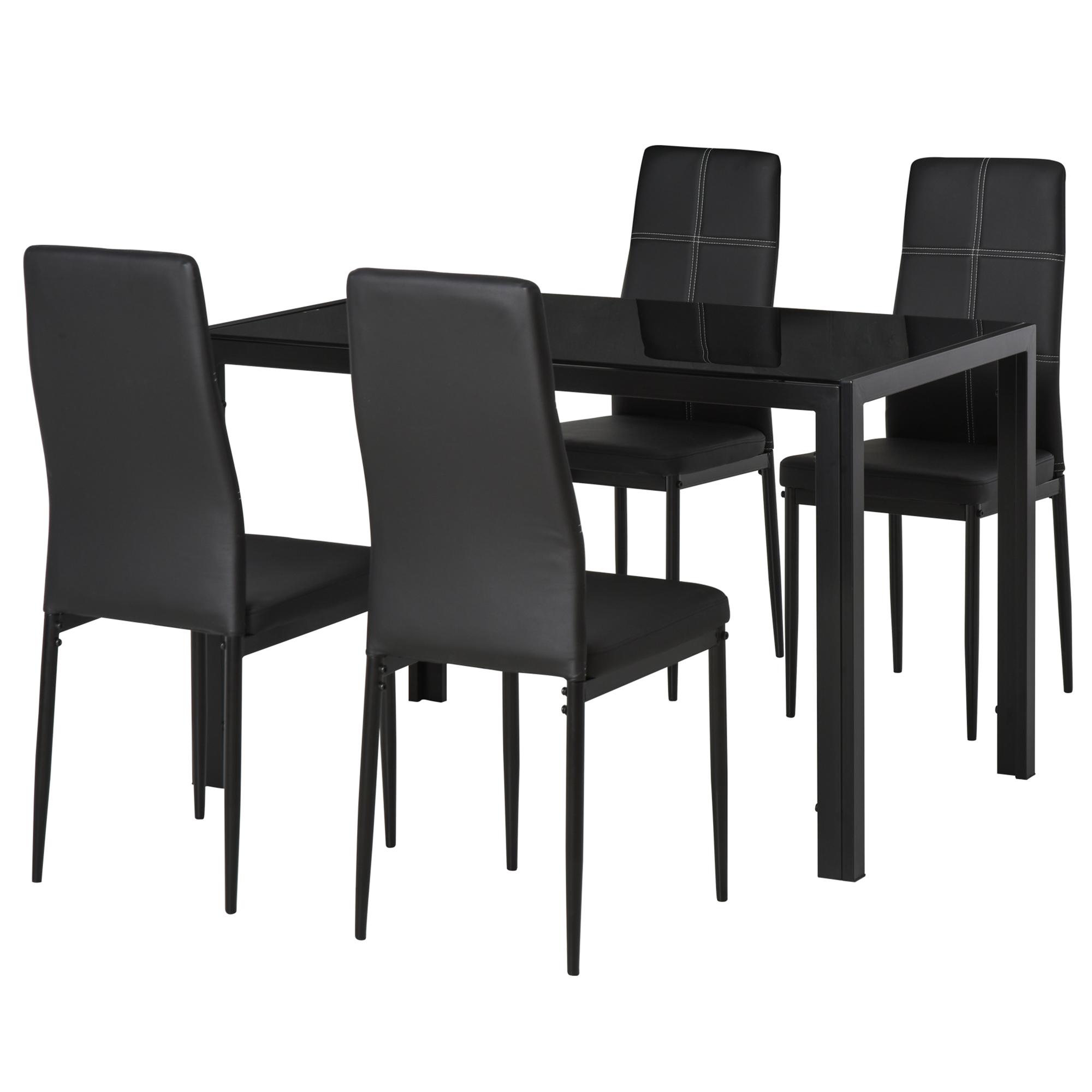 Conjunto de Refeição com Mesa Retangular de Vidro Temperado e 4 Cadeiras Estofadas em PU com Pés de Metal Preto