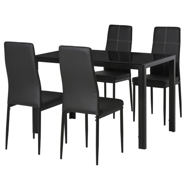 Conjunto de Refeição com Mesa Retangular de Vidro Temperado e 4 Cadeiras Estofadas em PU com Pés de Metal Preto