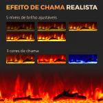 Lareira Elétrica de Parede, Aquecedor 1800W, Chama LED 3D, Cristais, 3 Cores, 5 Níveis de Brilho, Comando, Temporizador, Ecrã Tátil, Preto