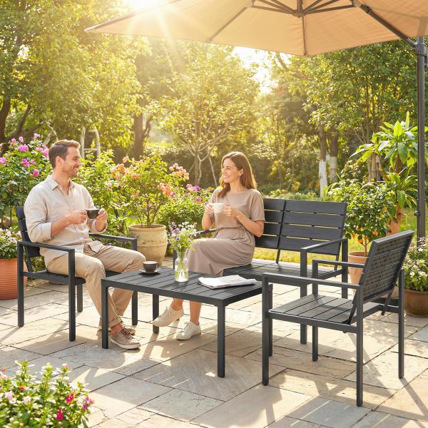 Conjunto de Móveis de Jardim para 4 Pessoas - Sofá de 2 Lugares, 2 Cadeiras e Mesa de Centro - Preto