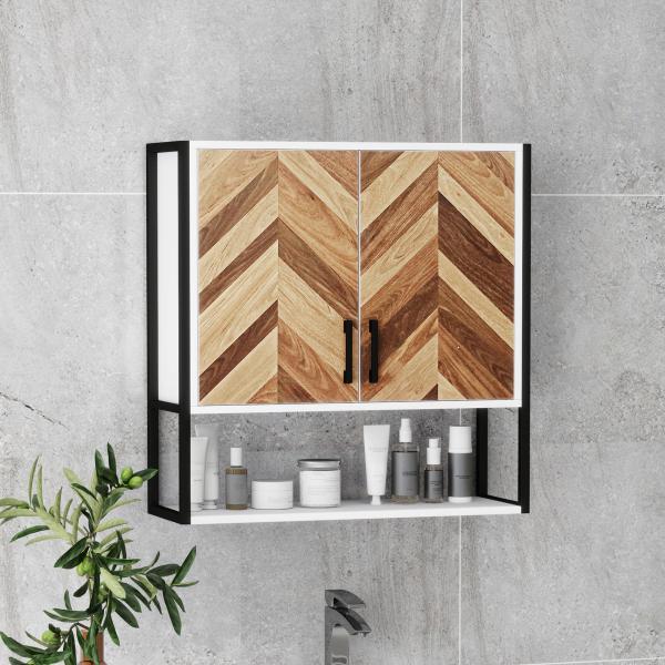 Armário de Parede para Casa de Banho com 2 Portas Prateleiras Ajustáveis e Prateleira Aberta 59x20x60 cm Branco e Madeira