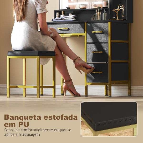 Toucador de Maquilhagem com Espelho, Luzes LED Estação de Carregamento 4 Gavetas e Banco 88x40x134 cm Preto