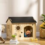 Casa de Madeira para Cães Casa para Animais de Estimação com Porta Dianteira Desenhos 69x50x58,5cm Madeira e Preto