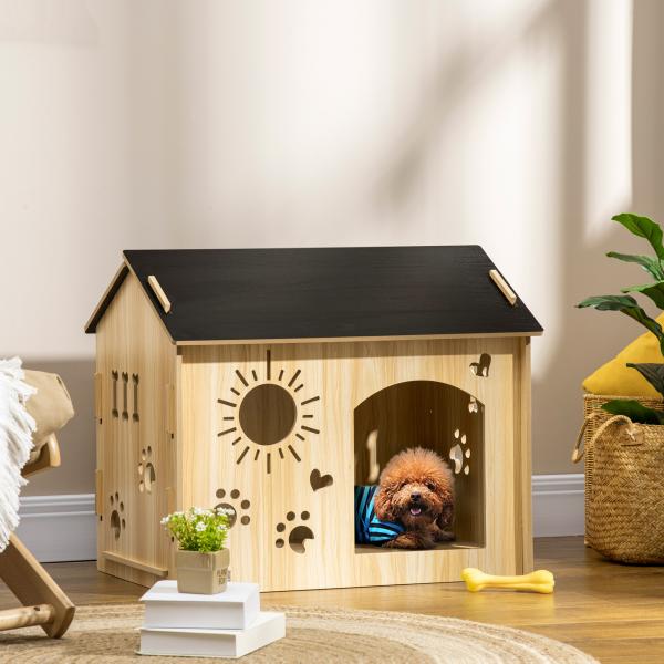 Casa de Madeira para Cães Casa para Animais de Estimação com Porta Dianteira Desenhos 69x50x58,5cm Madeira e Preto