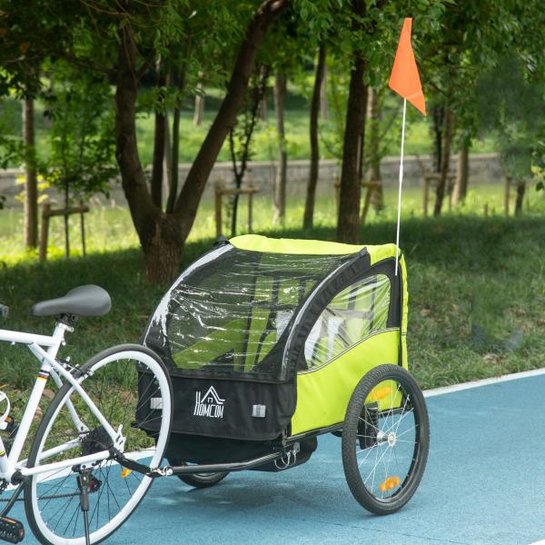 Reboque de Bicicleta para Crianças de 2 Lugares com Cinto de Segurança e Sistema de Amortecimento 140x88x90 cm Verde