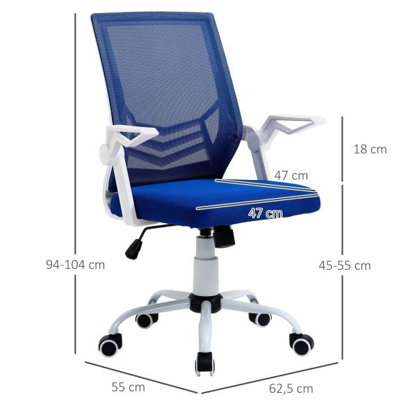 Cadeira de Escritório Ergonômica Giratória com Altura Ajustável Apoio para os Braços Dobrável Suporte Lombar e Encosto Transpirável 62,5x55x94 - 104cm Azul