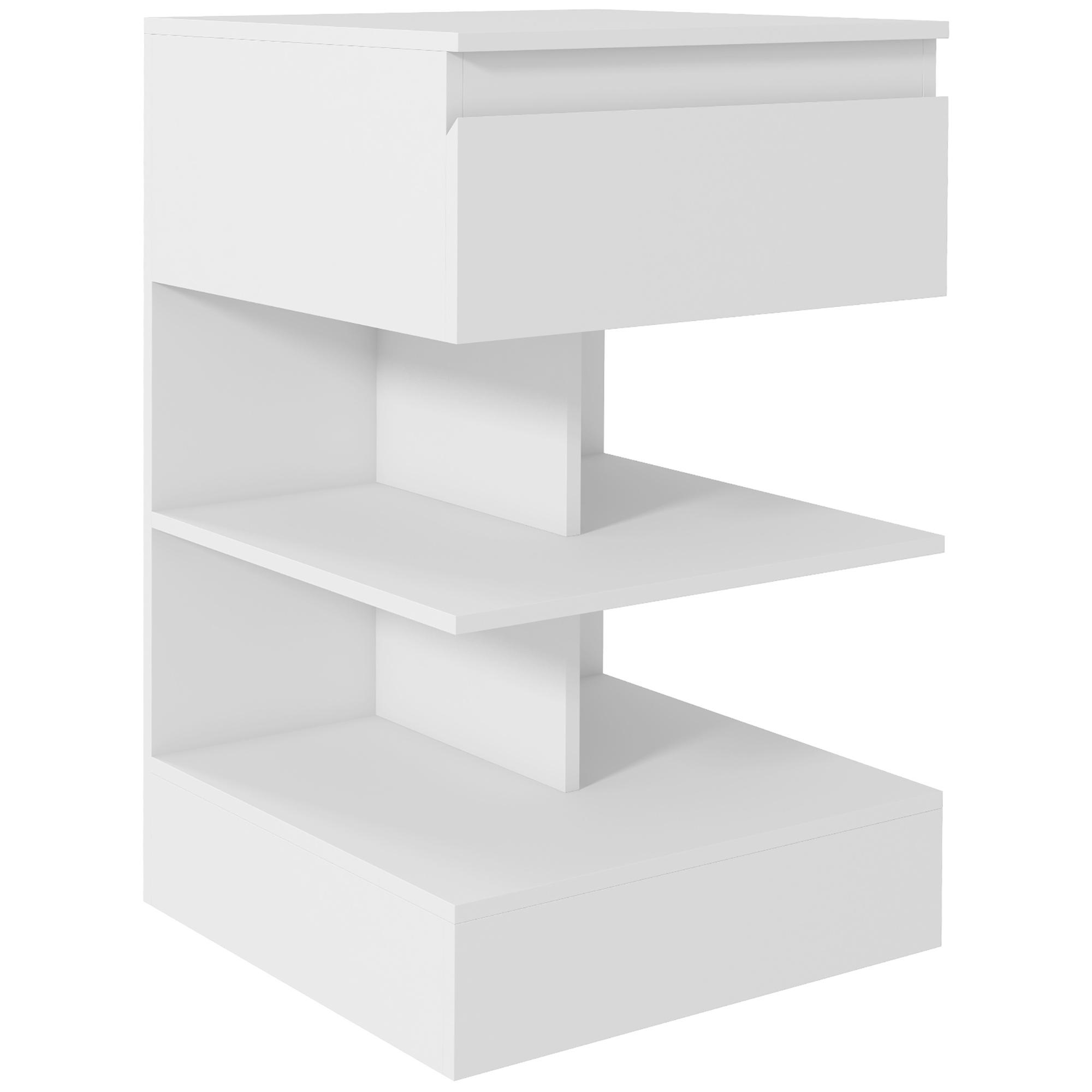 Mesa de Cabeceira Mesa Auxiliar com 1 Gaveta e 2 Prateleiras Abertas para Quarto Sala Estilo Moderno 39x39x65 cm Branco