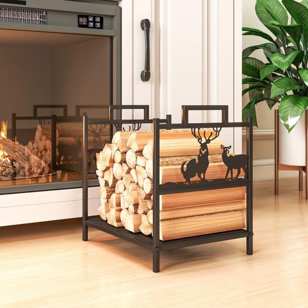 Suporte para Lenha em Metal com Pegas 42,5x33,5x43 cm para Lareira Jardim e Terraço Preto