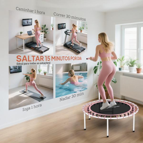 Trampolim de Fitness Adultos Ø102 cm com Pega Ajustável de 5 Níveis Estrutura em Aço para Treino de Pernas Corpo Rosa