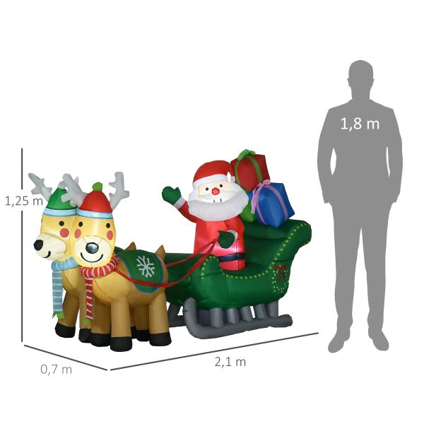 Decoração Insuflável de Natal Pai Natal com Trenó 2 Renas e Luzes LED 210x70x125 cm Multicor