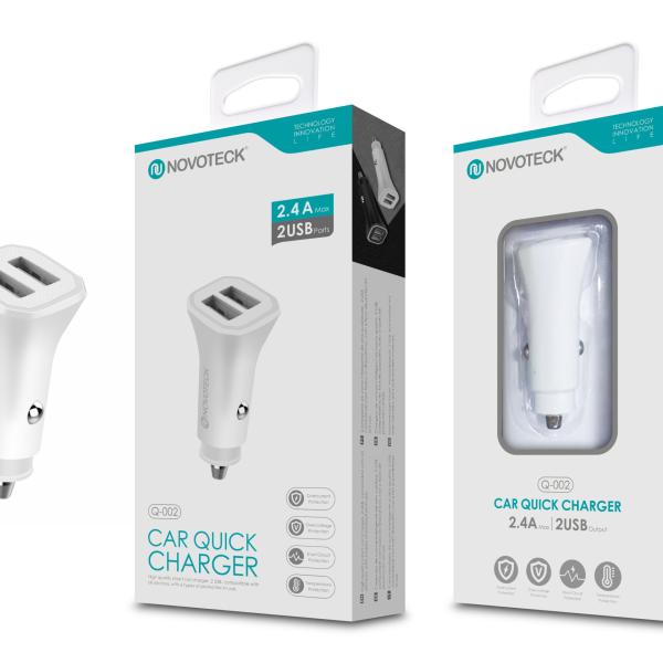 Carregador Rápido Automóvel 2.4A com Dupla Porta USB Branco Q - 002