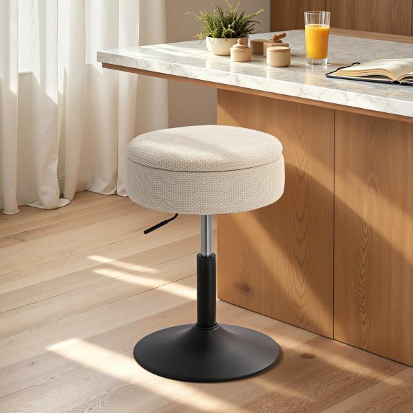 Banco de Bar com Armazenamento Altura Ajustável Giratório Estofado em Chenilla 39x39x49 - 65 cm Bege