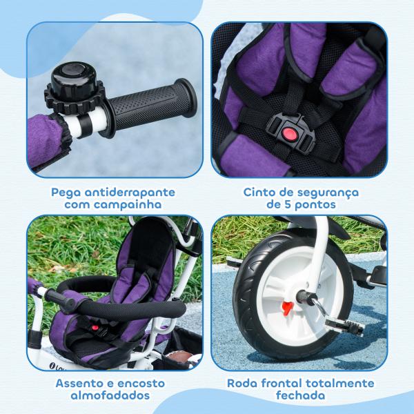 Triciclo Evolutivo para Bebés de +12 Meses 2 em 1 com Toldo Dobrável Guiador Cinto de Segurança e Cesto 95x50x106 cm Roxo