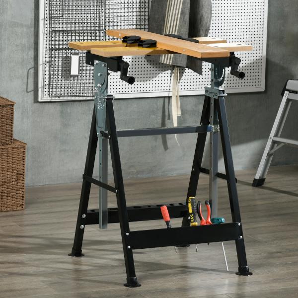 Bancada de trabalho ajustável em altura com 4 pinos giratórios com tabletes ajustáveis em ângulo e distância 65x60,5x85 - 110 cm Madeira natural e preta