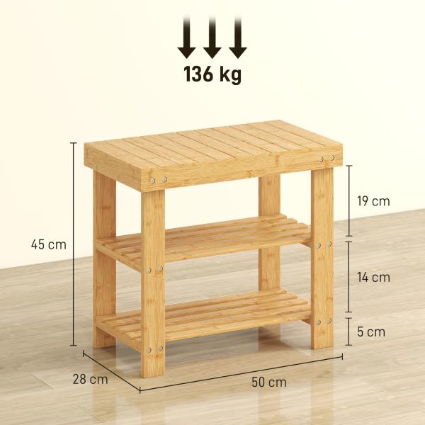 Banco Sapateira de Bambu Organizador de Sapatos com 2 Prateleiras para 4 Pares de Sapatos 50x28x45 cm Madeira