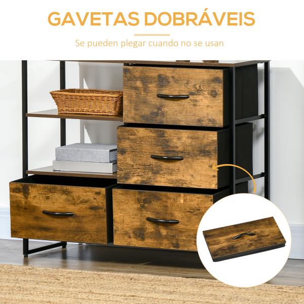 Cómoda com 4 Gavetas de Tecido Dobrável e 2 Prateleiras Abertas Estilo Industrial 84x30x71,4cm Marrom Rústico