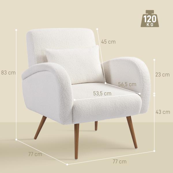 Poltrona em Tecido Teddy com Almofada Lombar Amovível e Pés Metálicos Efeito Madeira para Quarto, Creme