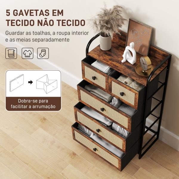 Cómoda de Tecido Cómoda para Dormitório com 5 Gavetas com Frente em Vime e Prateleira 58x29x99 cm Marrom Rústico